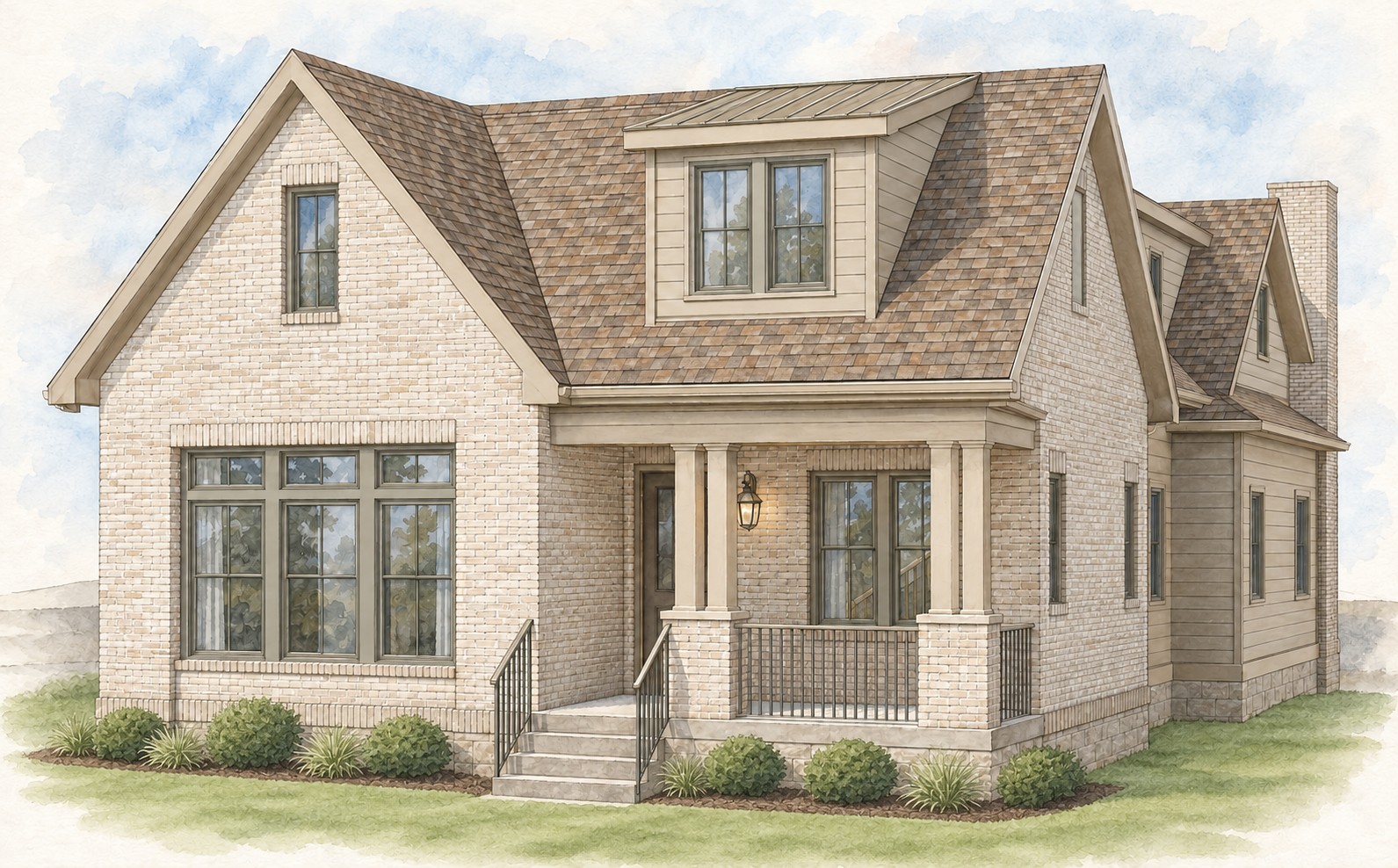 Watercolor rendering of 1012 Bate Avenue: a brick residence with a front-facing gable holding a three-part window group, a shed dormer under a standing-seam metal roof, Gull Grey divided-light windows, and a covered front porch with a gas lantern at the entry