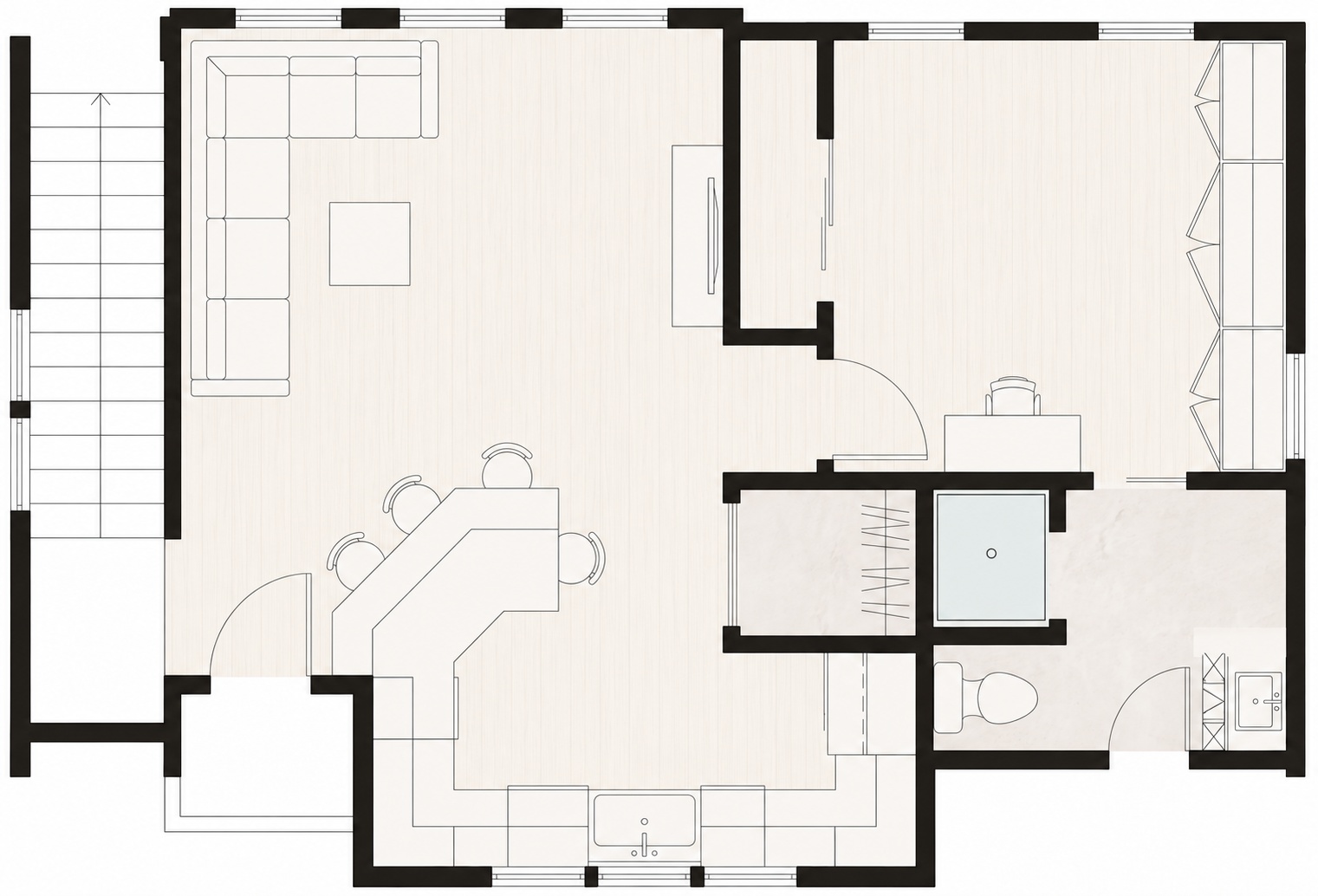 Floor plan of the apartment above the garage at 1012 Bate Avenue, with a vaulted living room, full kitchen, bedroom, and full bath