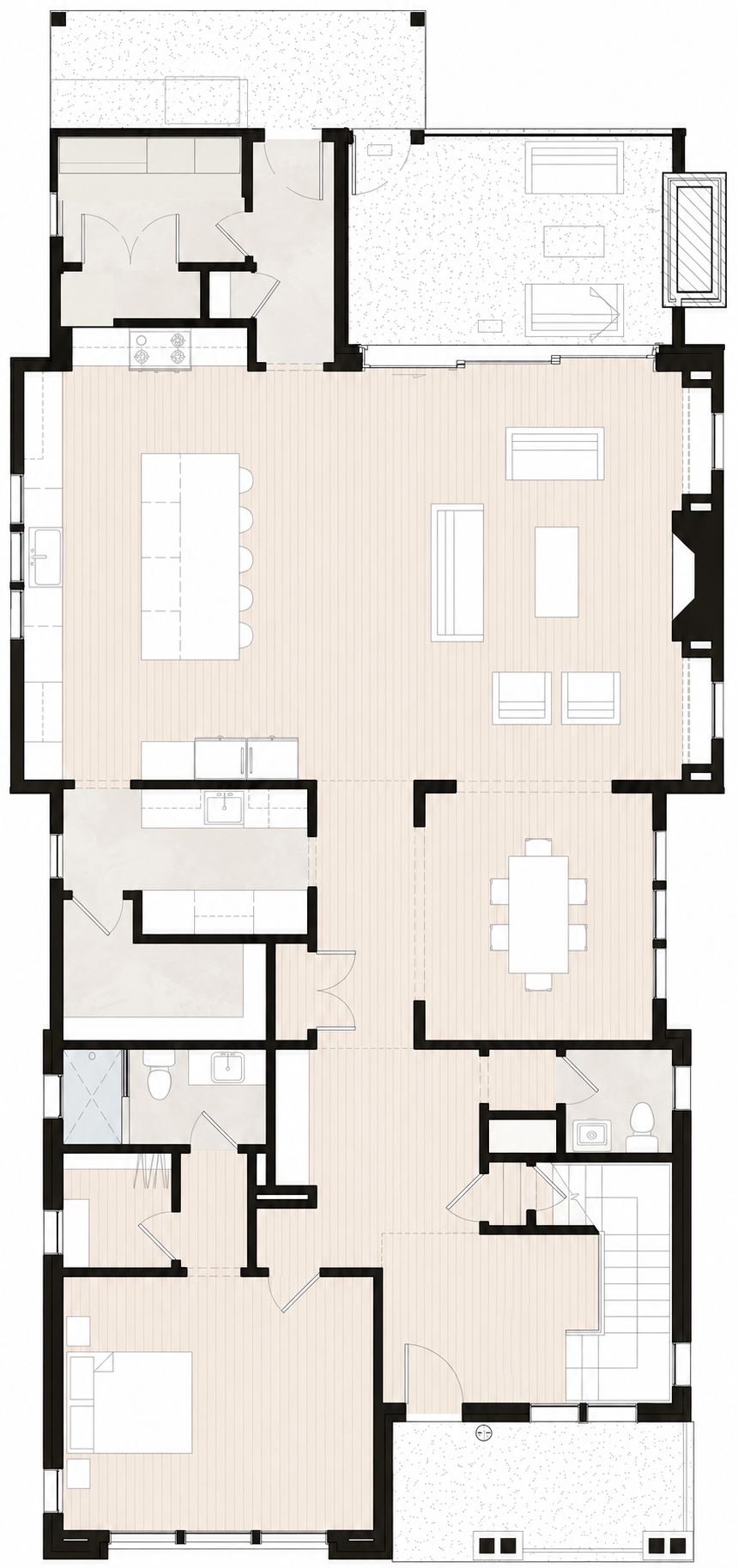 Main level floor plan of 1012 Bate Avenue showing the front porch, two-story foyer, bedroom or home office, dining room, kitchen with island, scullery, pantry, mud room, living room, and screened porch