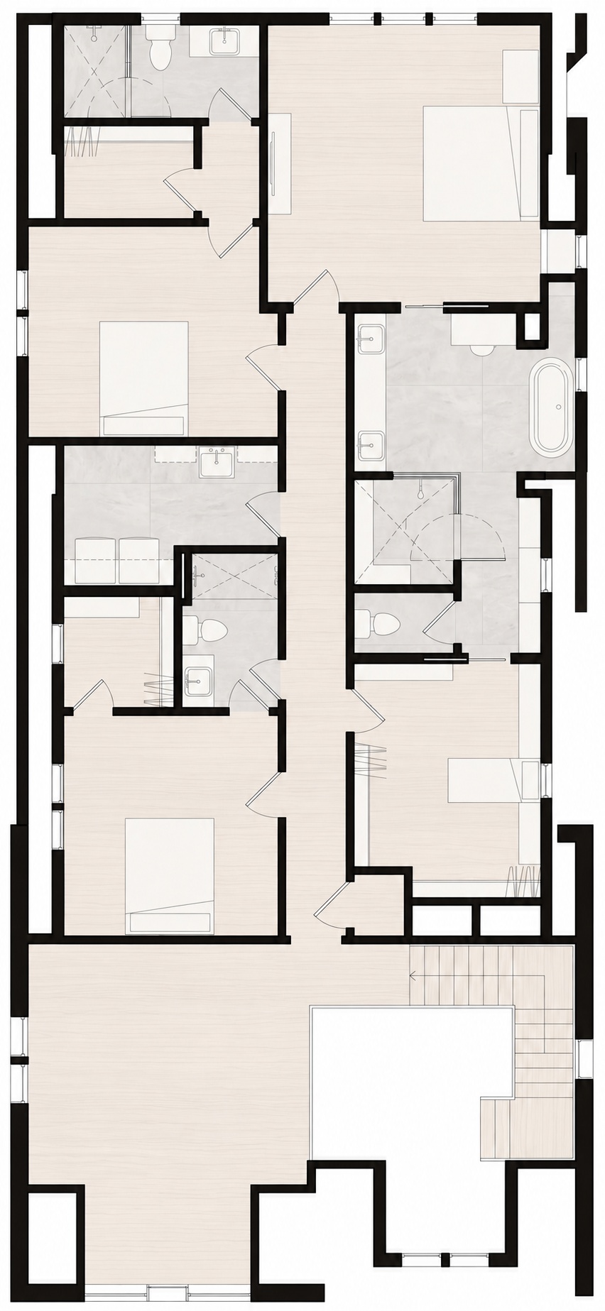Upper level floor plan of 1012 Bate Avenue showing the primary suite with bath and closet, two secondary bedrooms, two additional baths, laundry, and a vaulted bonus room open to the foyer below