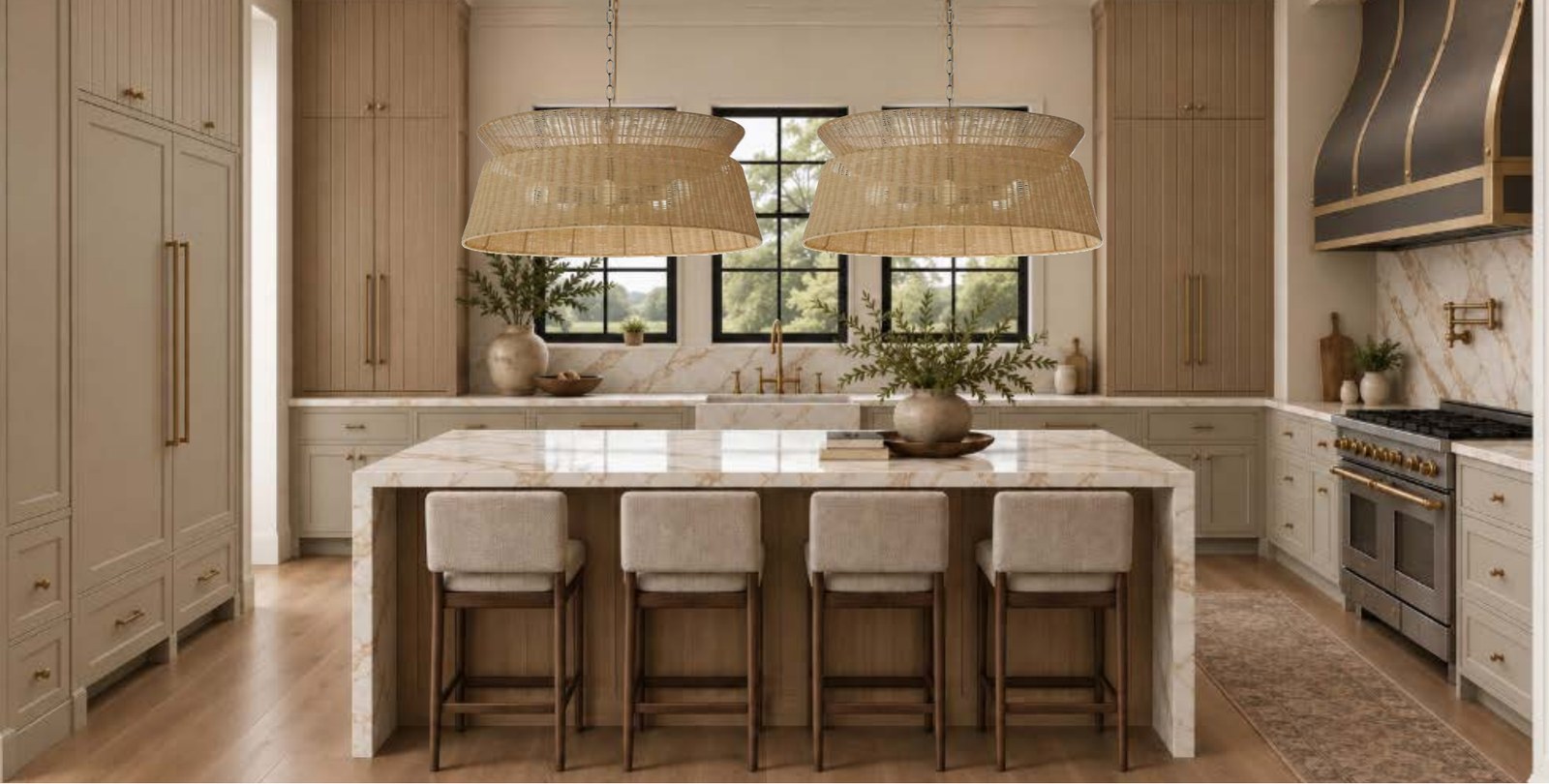 Kitchen concept supplied by ALK Design + Interiors, illustrating warm cabinetry, veined stone, woven pendants, and a wood island; not a photograph of the completed home