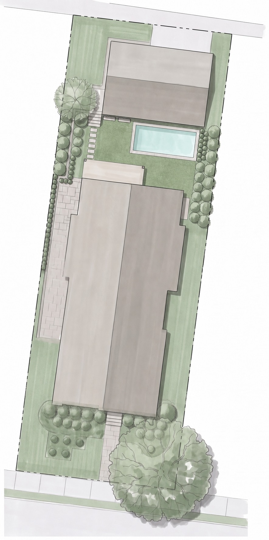 Rendered landscape plan of 1012 Bate Avenue: the residence sits toward the street with the screened porch at its rear, a plunge pool with an artificial-turf surround beyond, a permeable rear parking pad at the alley, the two-car garage with the apartment above at the alley, an arborvitae hedge down both sides, and the existing oak preserved at the sidewalk